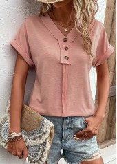 Pink tops,Plain Color tops,Patchwork Pink V Neck Short Sleeve T Shirt