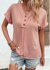 Pink tops,Plain Color tops,Patchwork Pink V Neck Short Sleeve T Shirt