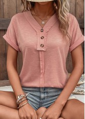 Pink tops,Plain Color tops,Patchwork Pink V Neck Short Sleeve T Shirt