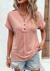 Patchwork Pink V Neck Short Sleeve T Shirt