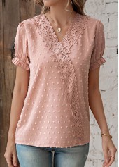 Dusty Pink tops,Plain Color tops,Patchwork Dusty Pink V Neck T Shirt