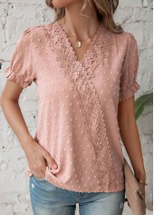 Dusty Pink tops,Plain Color tops,Patchwork Dusty Pink V Neck T Shirt