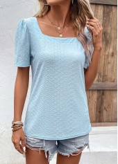 Light Blue tops,Plain Color tops,Hole Light Blue Square Neck T Shirt