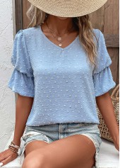 Dusty Blue tops,Plain Color tops,Lightweight Dusty Blue V Neck Half Sleeve Blouse