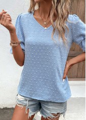 Dusty Blue tops,Plain Color tops,Lightweight Dusty Blue V Neck Half Sleeve Blouse