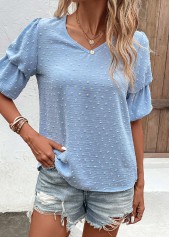 Dusty Blue tops,Plain Color tops,Lightweight Dusty Blue V Neck Half Sleeve Blouse