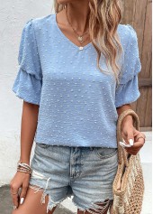 Dusty Blue tops,Plain Color tops,Lightweight Dusty Blue V Neck Half Sleeve Blouse