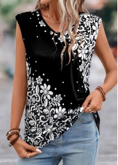 Black tops,Floral tops,Dot tops,Plants tops,Lightweight Floral Print Black V Neck T Shirt