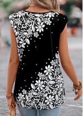 Black tops,Floral tops,Dot tops,Plants tops,Lightweight Floral Print Black V Neck T Shirt