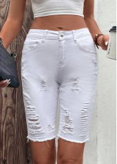 White bottoms,Plain Color bottoms,Pocket White Skinny Button Fly Mid Waisted Denim Shorts