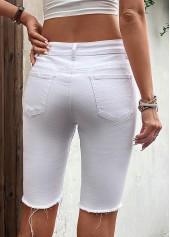 White bottoms,Plain Color bottoms,Pocket White Skinny Button Fly Mid Waisted Denim Shorts
