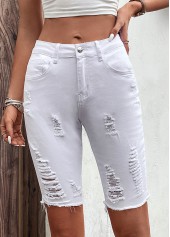 Pocket White Skinny Button Fly Mid Waisted Denim Shorts