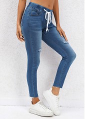 Dark Blue bottoms,Plain Color bottoms,Pocket Dark Blue Skinny Drawastring Mid Waisted Jeans