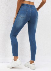 Dark Blue bottoms,Plain Color bottoms,Pocket Dark Blue Skinny Drawastring Mid Waisted Jeans