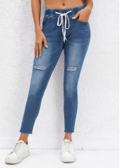 Dark Blue bottoms,Plain Color bottoms,Pocket Dark Blue Skinny Drawastring Mid Waisted Jeans