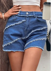 Denim Blue bottoms,Plain Color bottoms,Pocket Regular Button Fly Denim Shorts