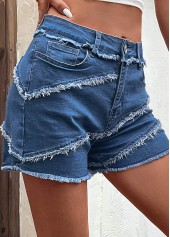 Denim Blue bottoms,Plain Color bottoms,Pocket Regular Button Fly Denim Shorts