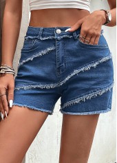 Denim Blue bottoms,Plain Color bottoms,Pocket Regular Button Fly Denim Shorts