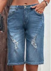 Dark Blue bottoms,Plain Color bottoms,Hole Dark Blue Button Fly Denim Shorts