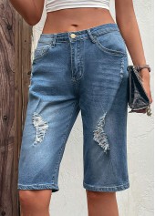 Dunkelblaue Denim-Shorts mit Knopfleiste und Lochmuster