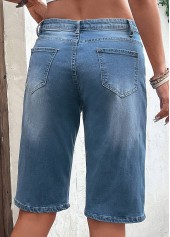 Dark Blue bottoms,Plain Color bottoms,Hole Dark Blue Button Fly Denim Shorts