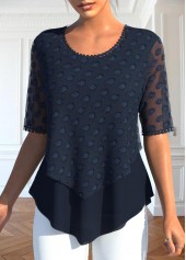 Navy tops,Plain Color tops,ROTITA Layered Navy V Neck Fake Two Piece Twinset