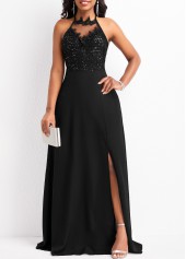 Tie Patchwork Black Sleeveless Maxi Dress