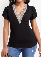 Black tops,Plain Color tops,Patchwork Black V Neck Short Sleeve T Shirt