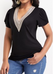 Black tops,Plain Color tops,Patchwork Black V Neck Short Sleeve T Shirt
