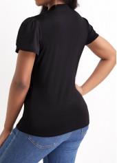 Black tops,Plain Color tops,Patchwork Black V Neck Short Sleeve T Shirt