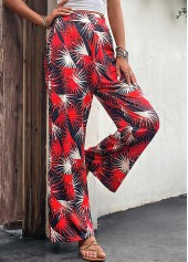 Red bottoms,Black bottoms,Plants bottoms,Lightweight Leaf Print Red Elastic Waist Pants