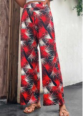 Red bottoms,Black bottoms,Plants bottoms,Lightweight Leaf Print Red Elastic Waist Pants