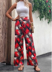 Red bottoms,Black bottoms,Plants bottoms,Lightweight Leaf Print Red Elastic Waist Pants