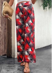 Red bottoms,Black bottoms,Plants bottoms,Lightweight Leaf Print Red Elastic Waist Pants