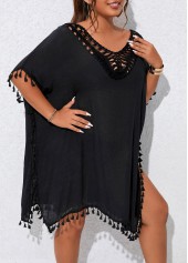 Black plus size,Plain Color plus size,V Neck Plus Size Patchwork Black Cover Up