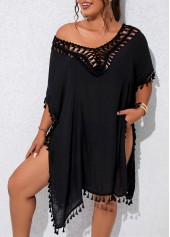 Black plus size,Plain Color plus size,V Neck Plus Size Patchwork Black Cover Up