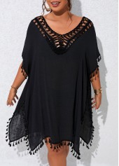 Black plus size,Plain Color plus size,V Neck Plus Size Patchwork Black Cover Up