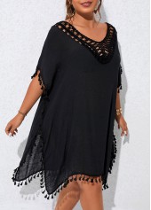 Black plus size,Plain Color plus size,V Neck Plus Size Patchwork Black Cover Up