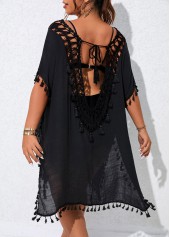 Black plus size,Plain Color plus size,V Neck Plus Size Patchwork Black Cover Up