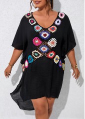 Black plus size,Plain Color plus size,V Neck Plus Size Patchwork Black Cover Up