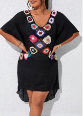 Black plus size,Plain Color plus size,V Neck Plus Size Patchwork Black Cover Up