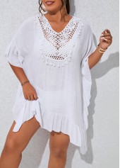 White plus size,Plain Color plus size,Plus Size Patchwork Tassel White Cover Up