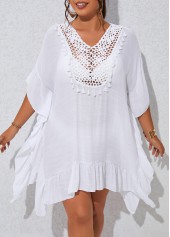 White plus size,Plain Color plus size,Plus Size Patchwork Tassel White Cover Up
