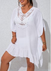 White plus size,Plain Color plus size,Plus Size Patchwork Tassel White Cover Up