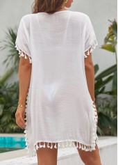 White swimwear,Plain Color swimwear,Tassel Round Neck White Cover Up
