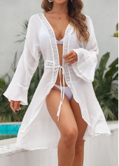 White swimwear,Plain Color swimwear,Patchwork Lace Tie Front White Cover Up