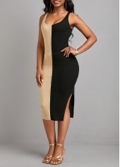 Black dresses,Light Camel dresses,Contrast Color dresses,Split Black Scoop Neck Sleeveless Bodycon Dress