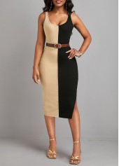 Black dresses,Light Camel dresses,Contrast Color dresses,Split Black Scoop Neck Sleeveless Bodycon Dress