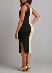 Black dresses,Light Camel dresses,Contrast Color dresses,Split Black Scoop Neck Sleeveless Bodycon Dress