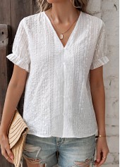 White tops,Plain Color tops,Button White V Neck Short Sleeve Blouse